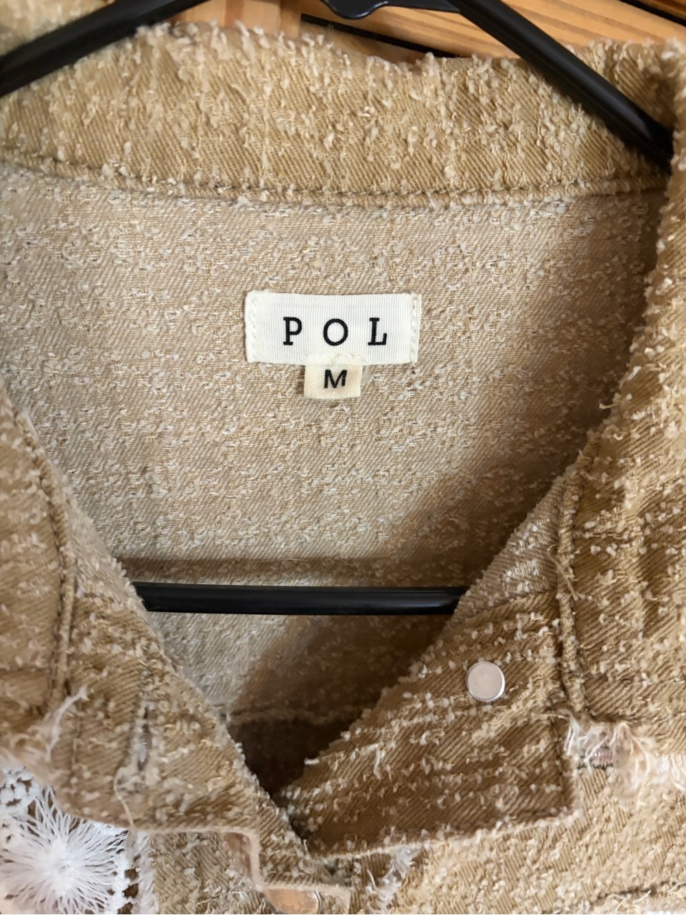 POL Tan Crochet-Accent Jacket with Embroidered Rose & Peace - Picture 4 of 7